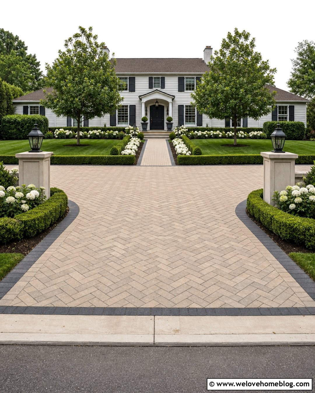 Paver Driveway With Boxwood Beds - 40 Front Driveway Landscaping Ideas