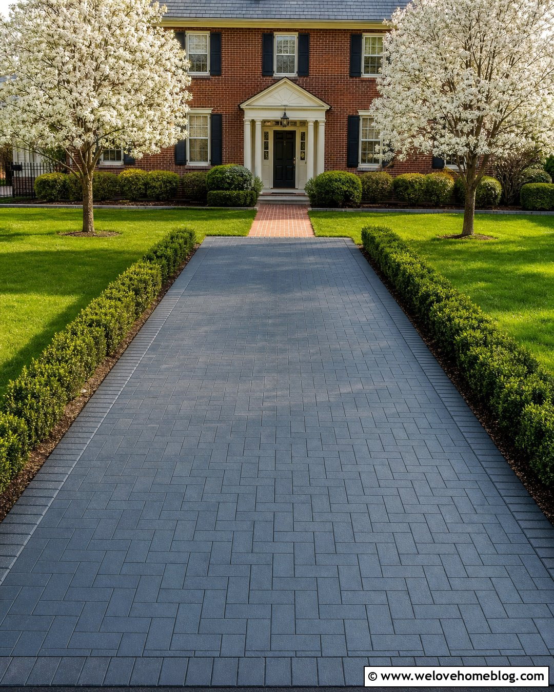 Paver Driveway With Boxwood Borders - 20 edge of driveway landscaping ideas