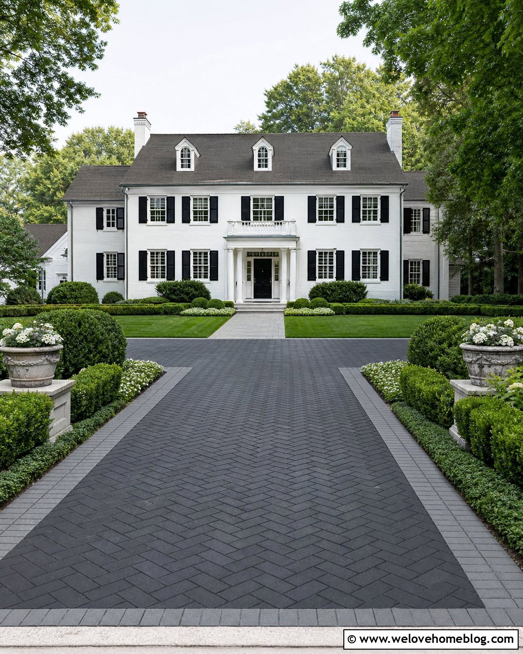 Paver Driveway With Boxwood Landscaping