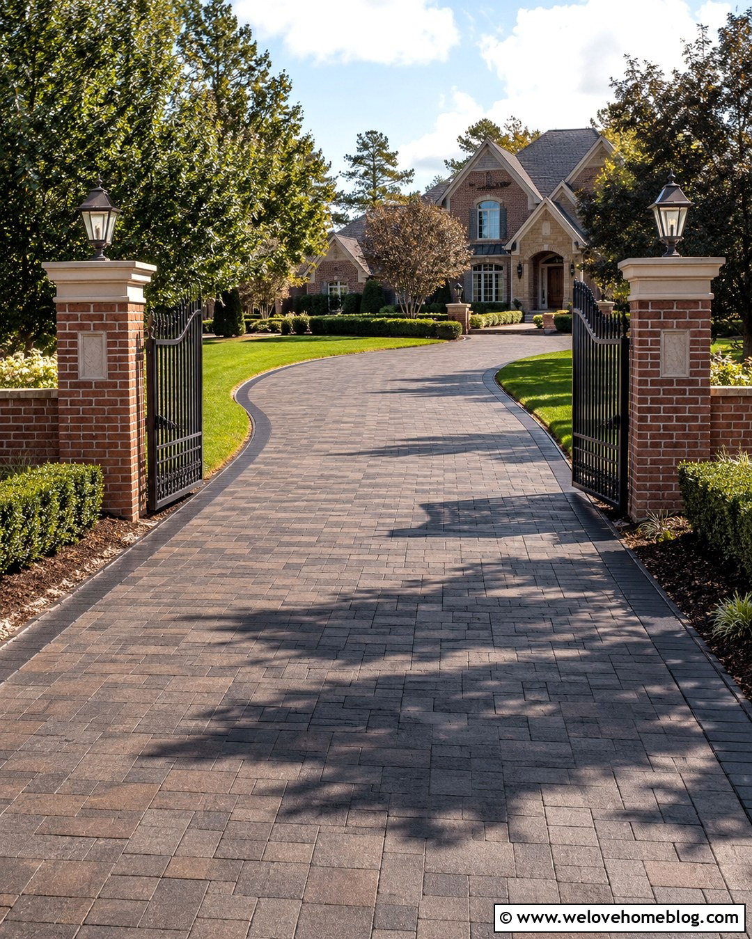 Paver Driveway With Brick Pillars And Gate - 20 paver driveways ideas