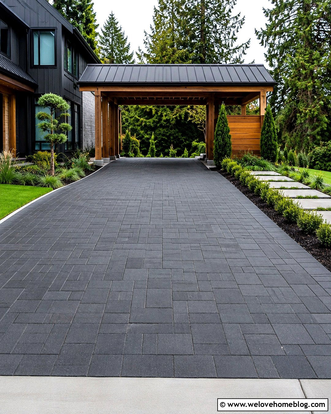 Paver Driveway With Cedar Carport - 20 Carport Driveway Ideas