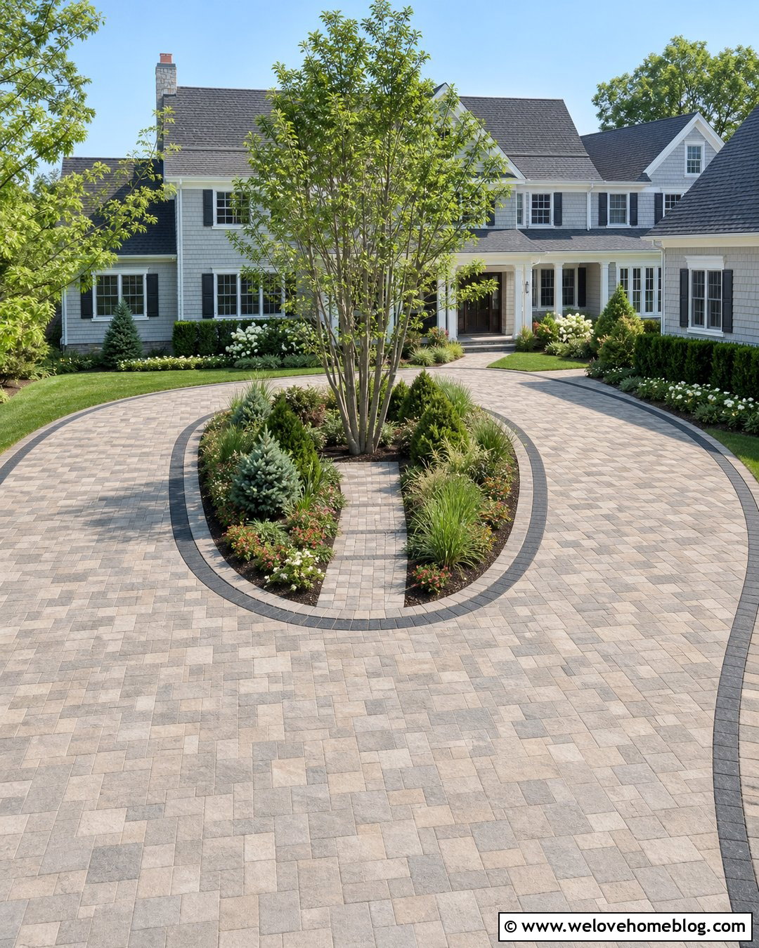 Paver Driveway With Center Planting Island - 25 Paving Driveway Ideas