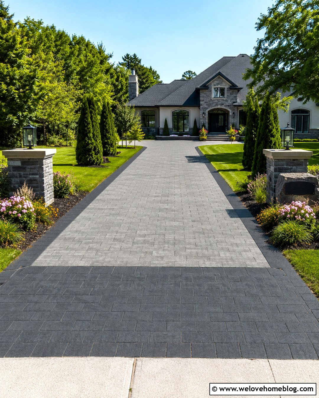 Paver Driveway With Contrasting Apron - 20 Pave Driveway Ideas