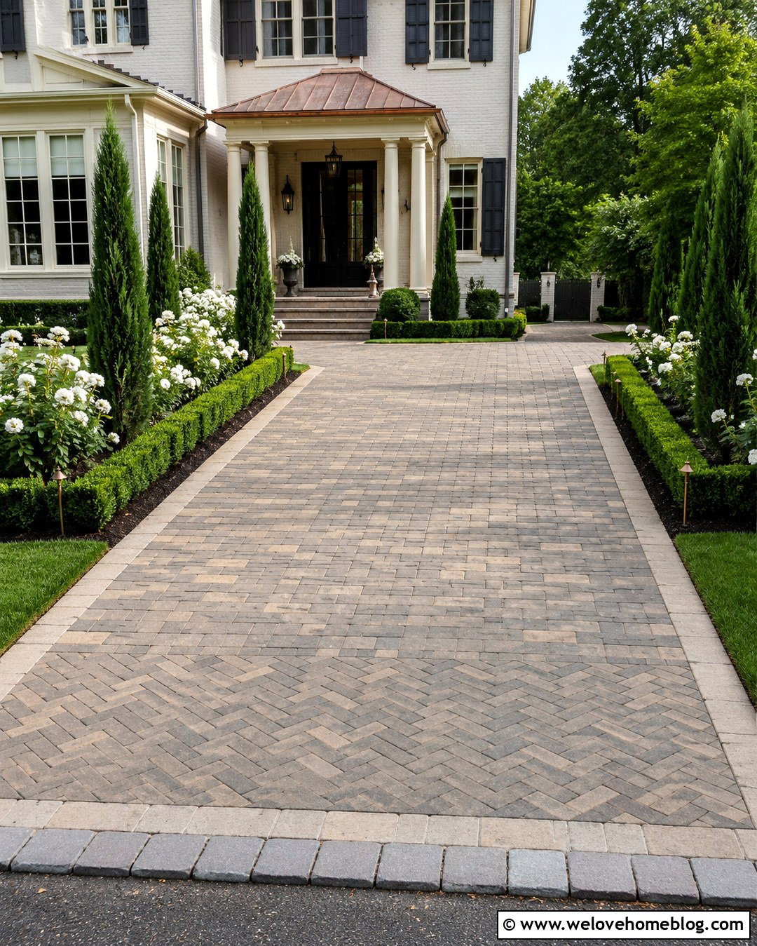 Paver Driveway With Copper Roof Portico - 20 Portico Driveway Entrance Ideas