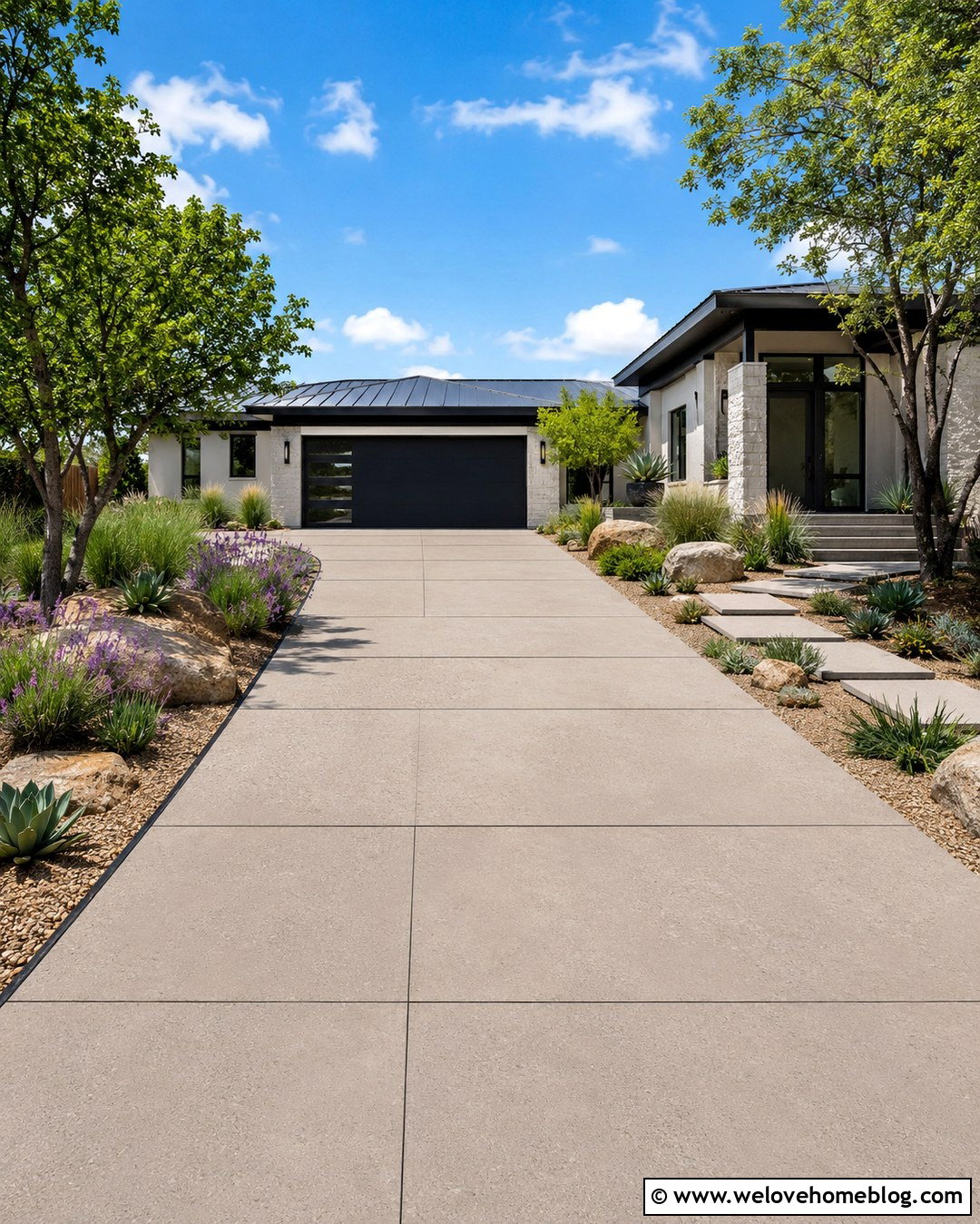 Paver Driveway With Drought Conscious Landscaping - 20 Sunlit Driveway Landscaping Ideas
