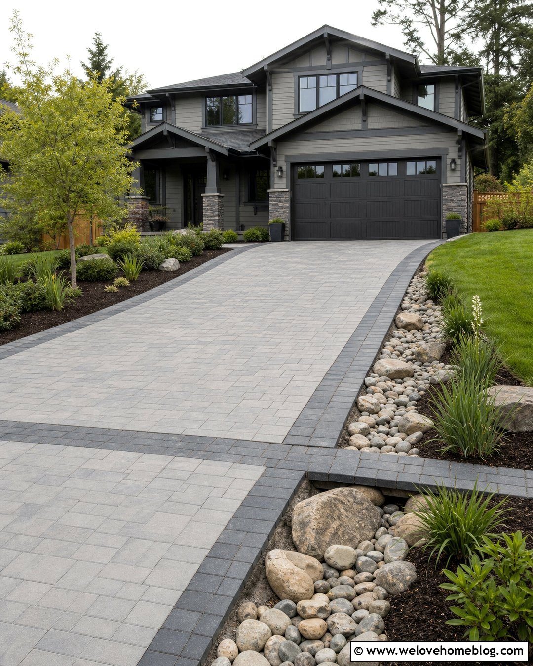Paver Driveway With Dry Creek Rock Drainage - 20 rock and paver driveway ideas