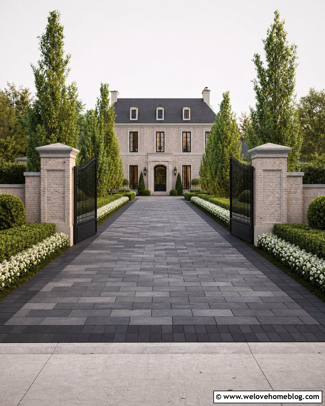 Paver Driveway With Formal Hedges And Gates - 25 long driveway landscaping entrance ideas