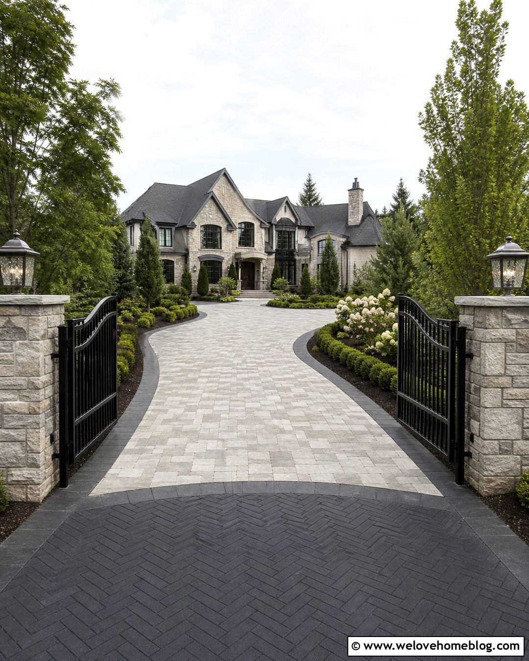 Paver Driveway With Gate And Stone Pillars - 35 Paver Driveway Ideas