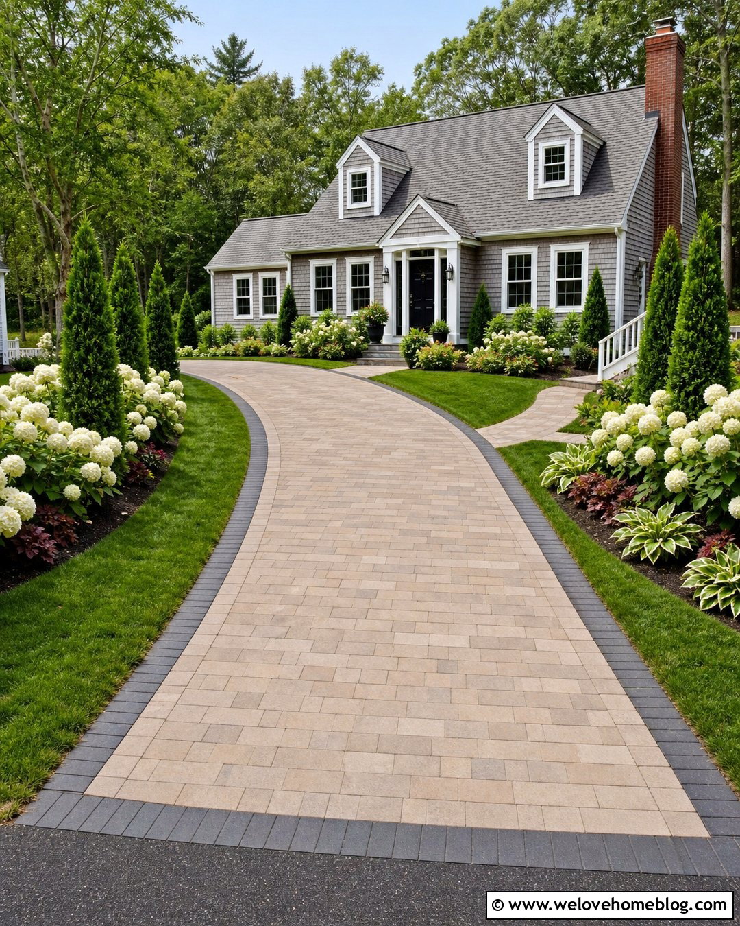 Paver Driveway With Hydrangea Beds - 50 Driveway Landscaping Ideas