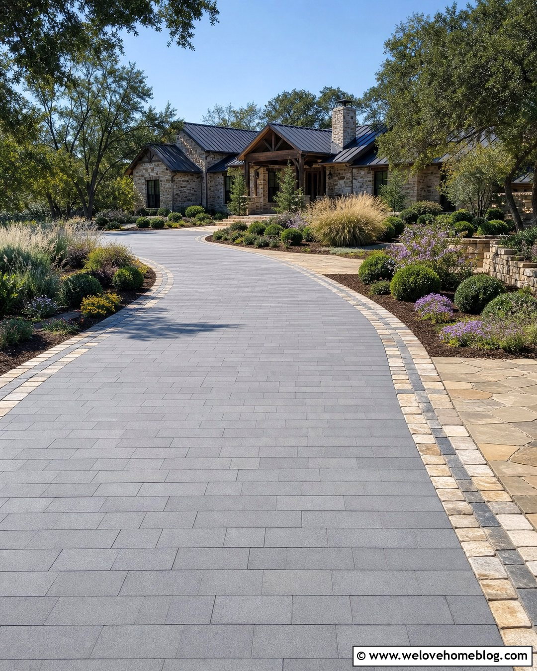 Paver Driveway With Mixed Stone Border - 20 Paved Driveway With Stone Border Ideas