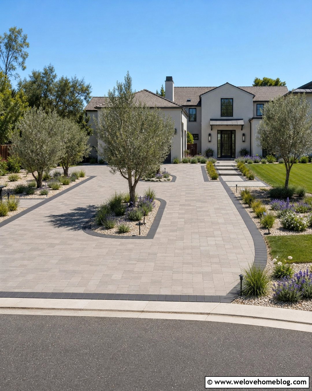Paver Driveway With Olive Tree Islands - 20 Olive Trees Driveway Ideas