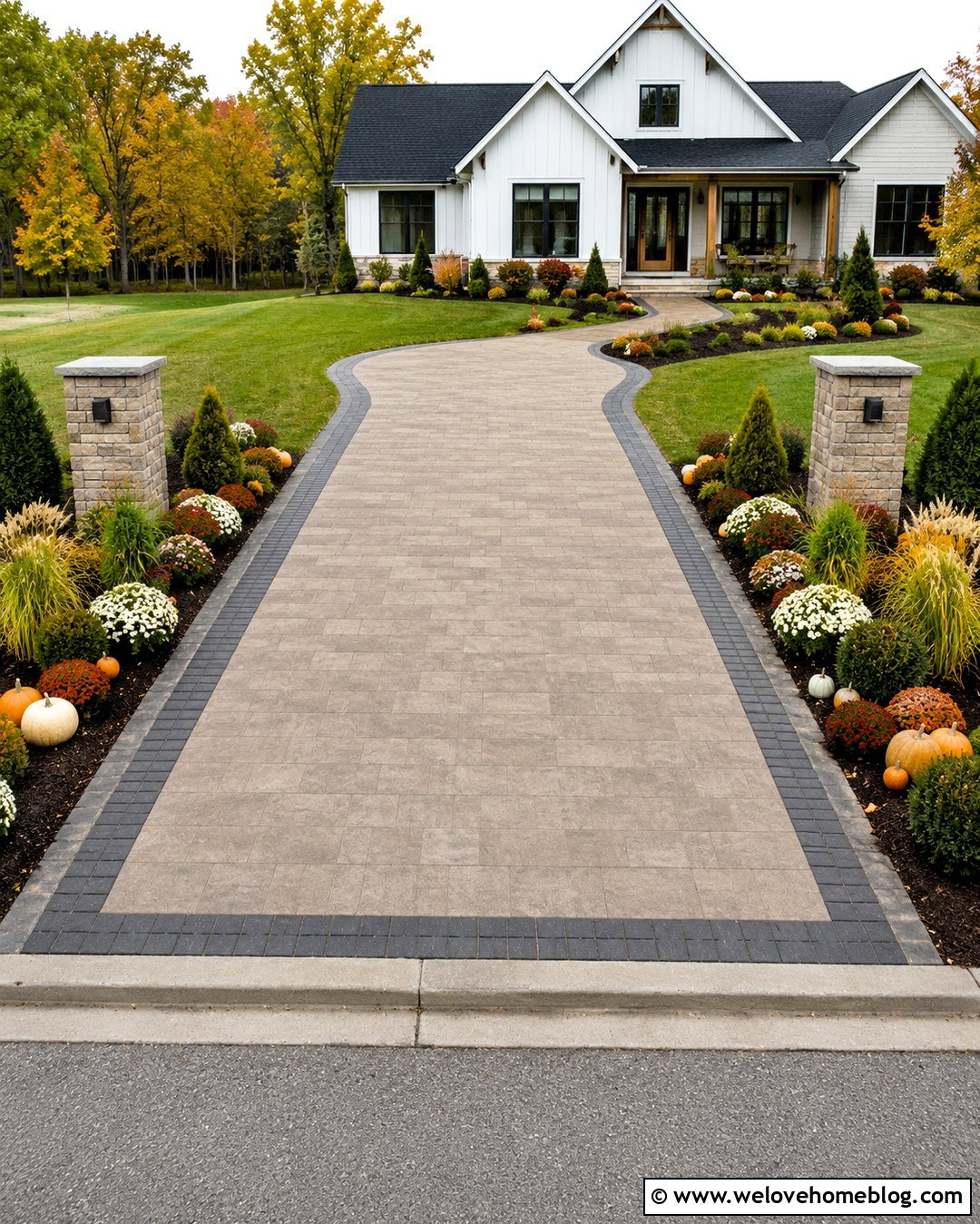 Paver Driveway With Pumpkin Lined Planting Beds - 20 autumn driveway landscaping ideas