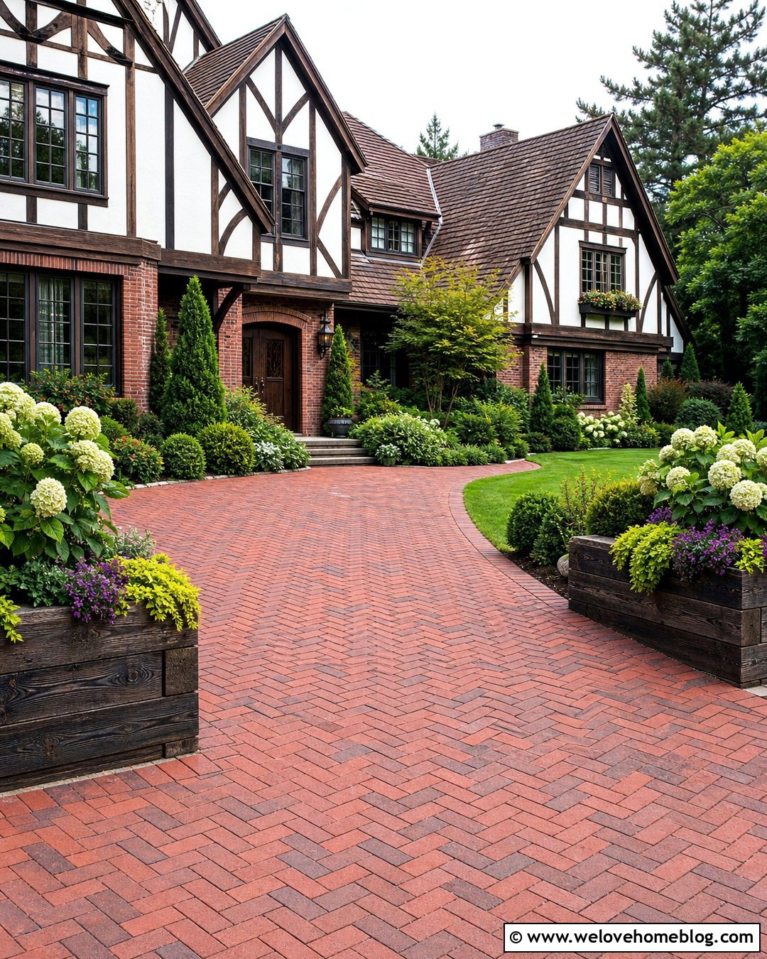 Paver Driveway With Railway Sleeper Planters - 20 Railway Sleepers Driveway Ideas