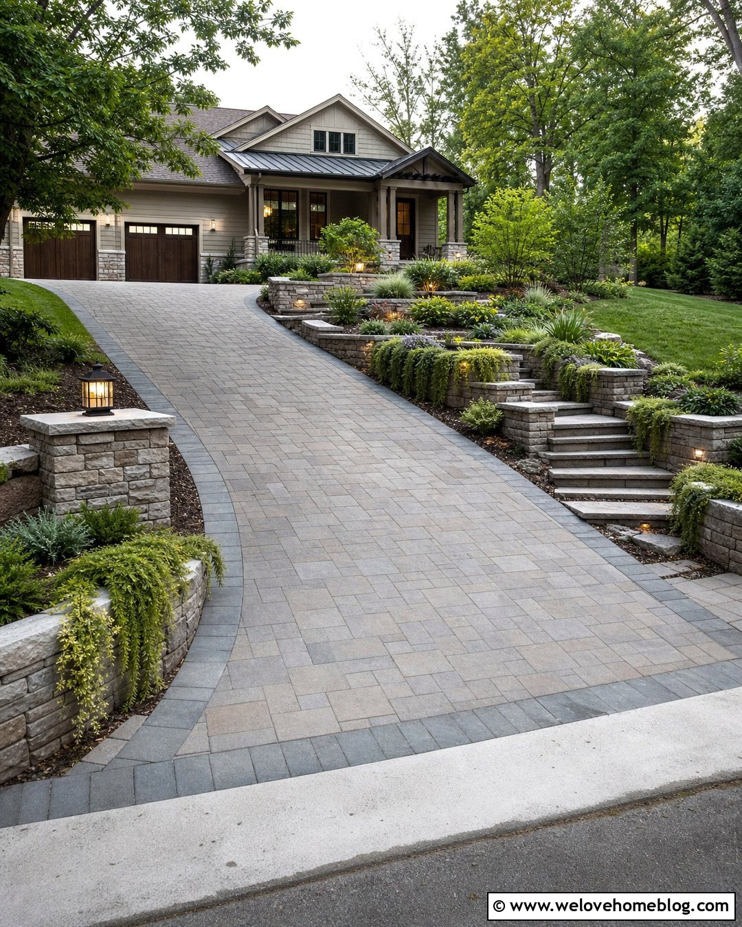 Paver Driveway With Raised Planting Beds - 45 Driveway Design Ideas