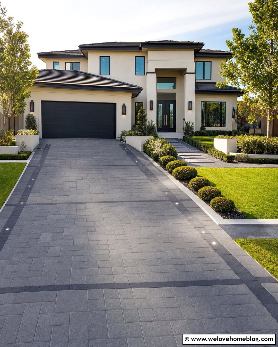 Paver Driveway With Recessed LED Lighting - 20 Lighted Driveway Ideas