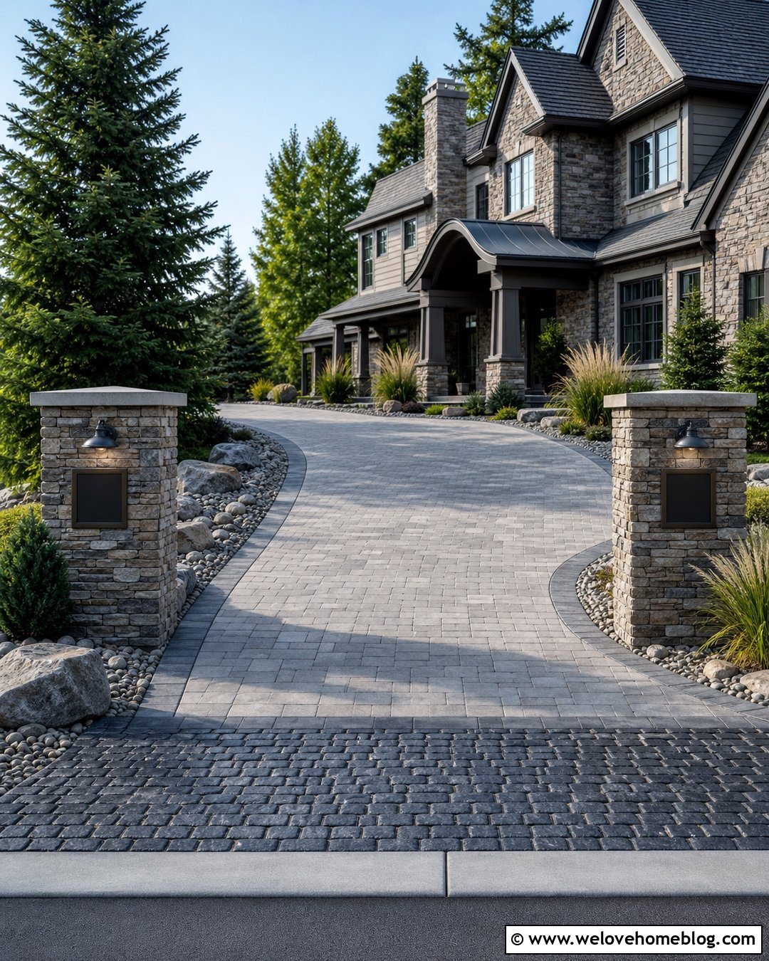 Paver Driveway With Rock Entrance Pillars - 20 rock and paver driveway ideas