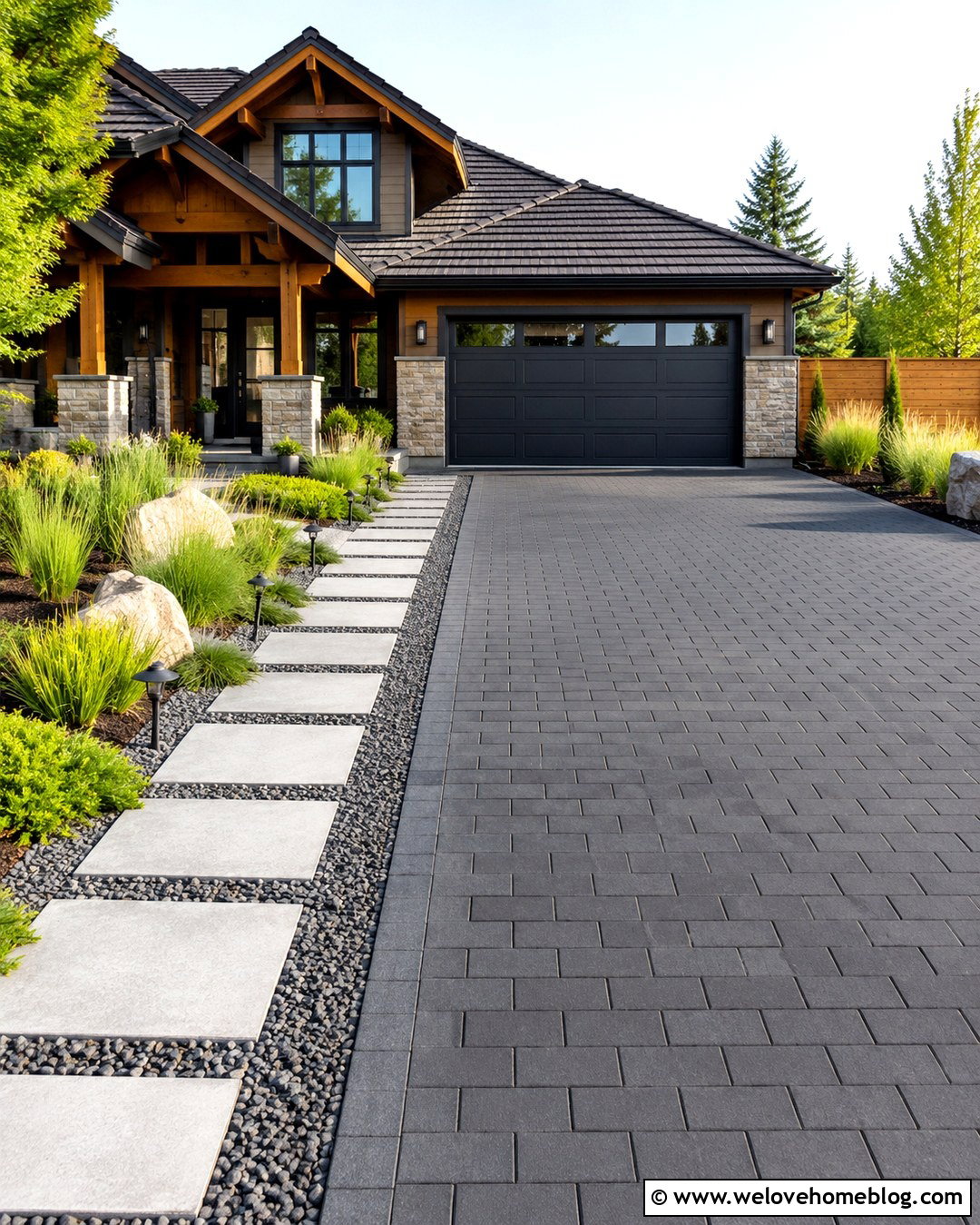 Paver Driveway With Stepping Stone Walkway - 20 Easy Driveway Projects Ideas