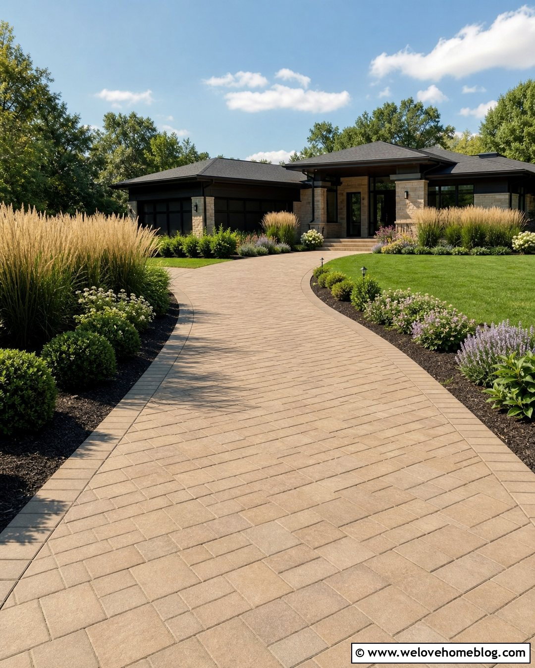 Paver Driveway With Tall Ornamental Grass Screen - 20 driveway privacy landscaping ideas