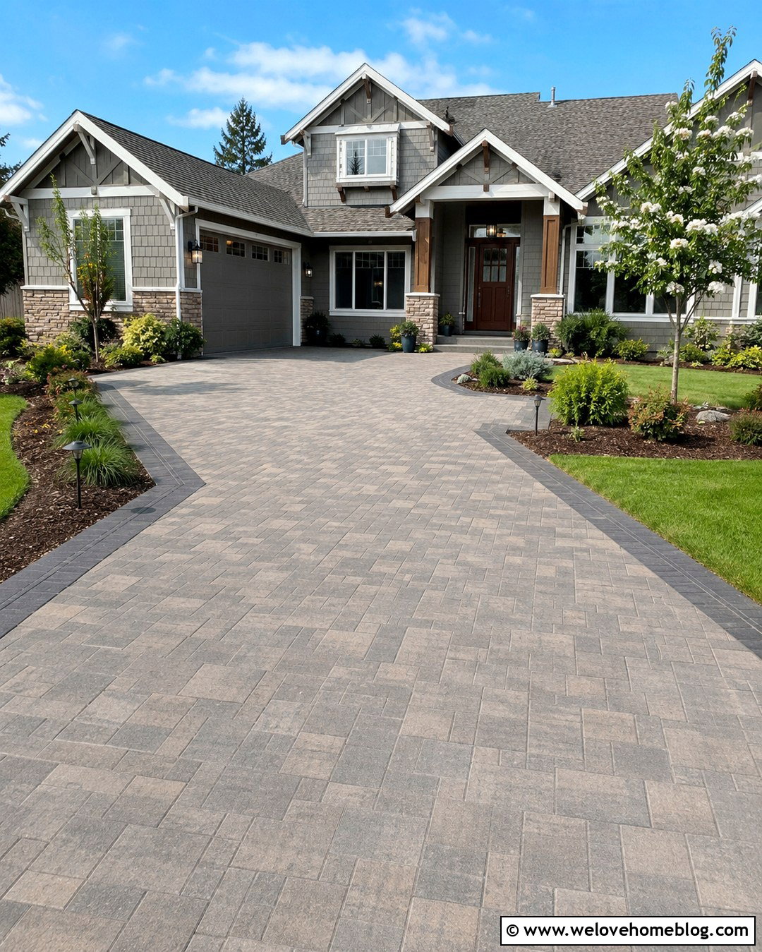 Paver Driveway With Walkway And Lighting - 20 Pavered Driveway Ideas