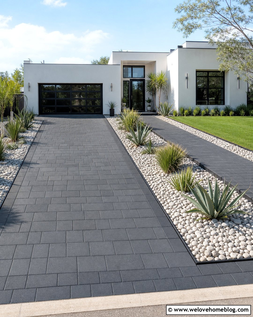Paver Driveway With White River Rock Beds - 20 river rock along driveway ideas