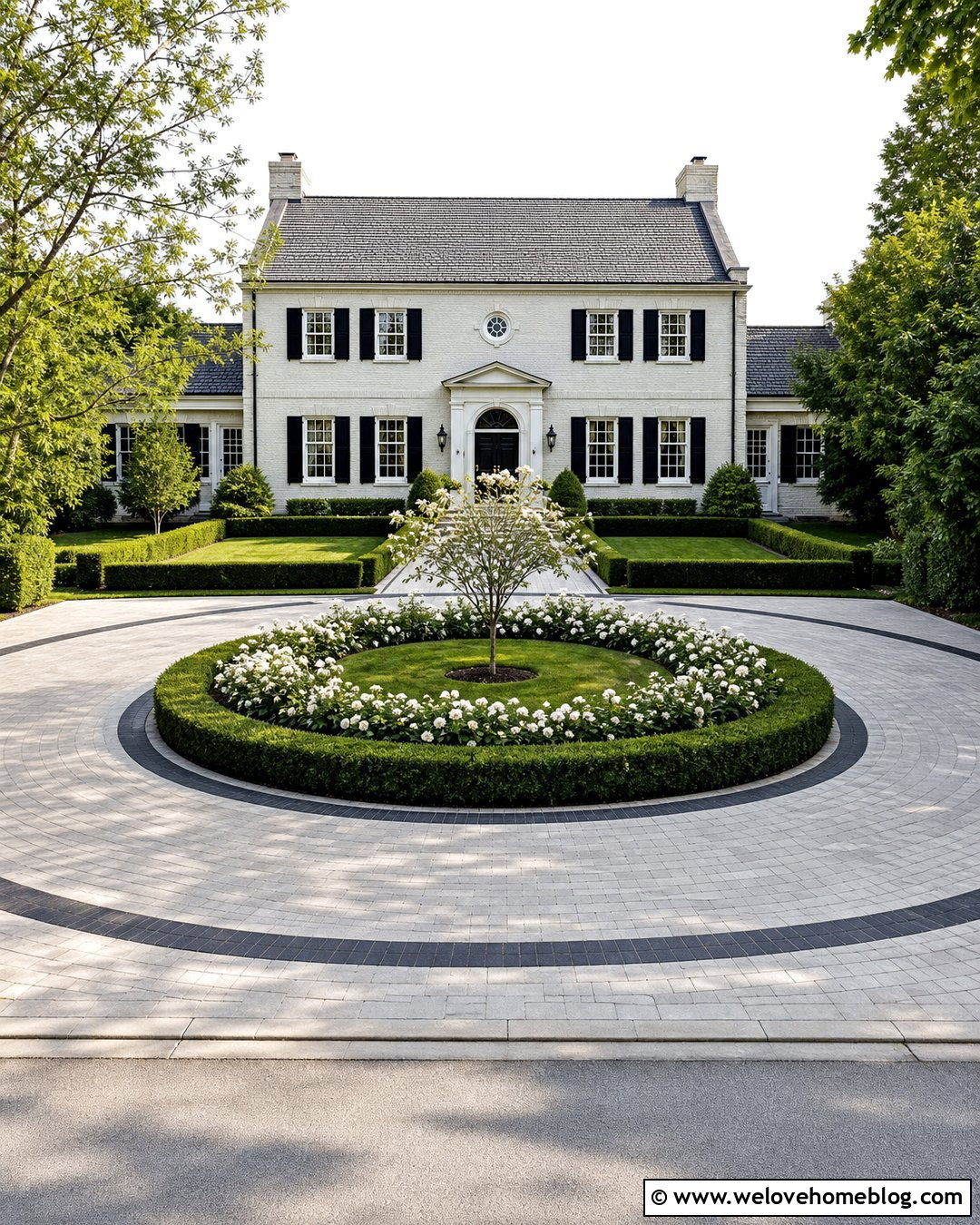 Paver Half Circle Driveway With Boxwood Hedges - 40 half circle driveway landscaping ideas