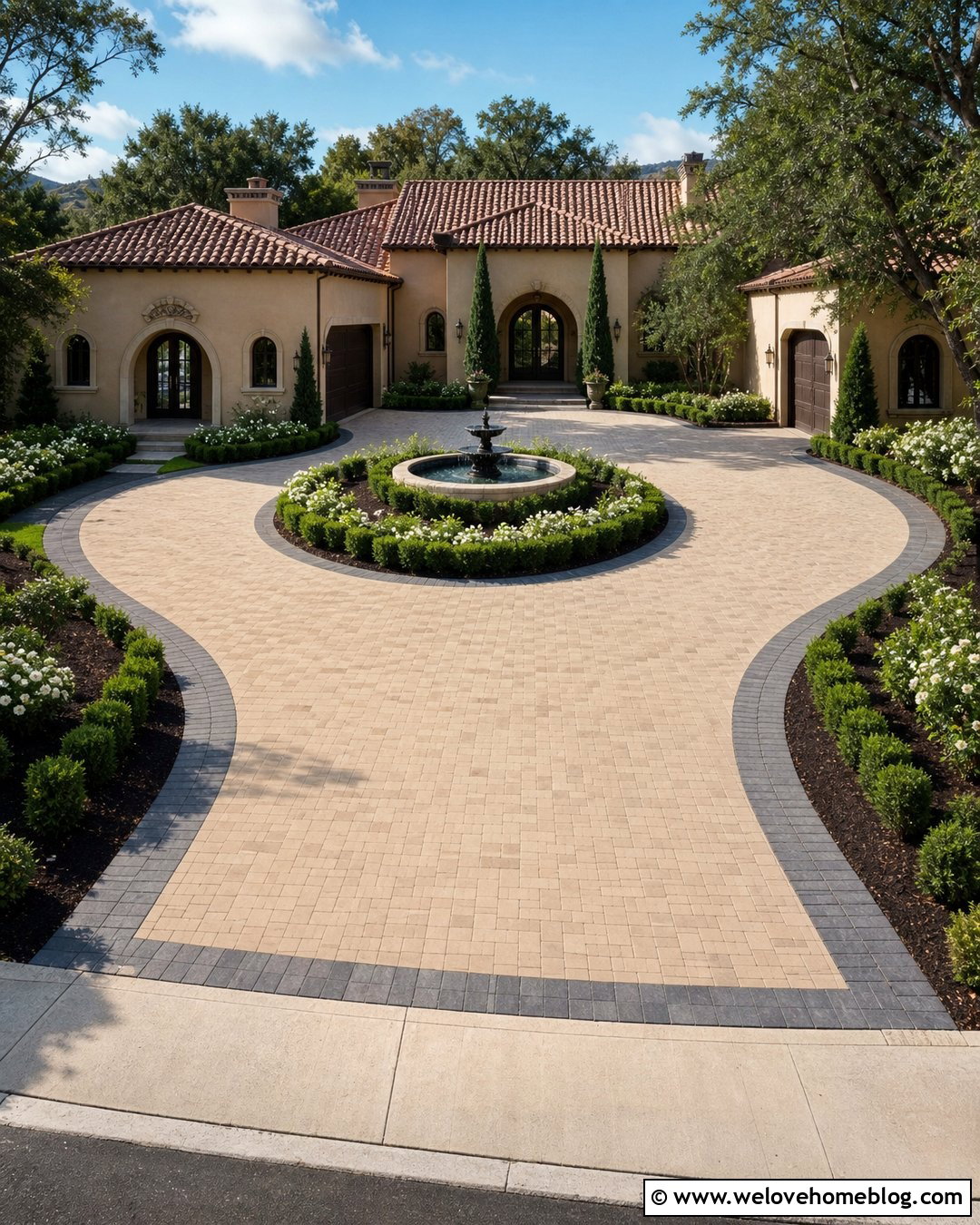 Paver Horseshoe Driveway With Central Fountain - 20 driveway landscape for horseshoe ideas