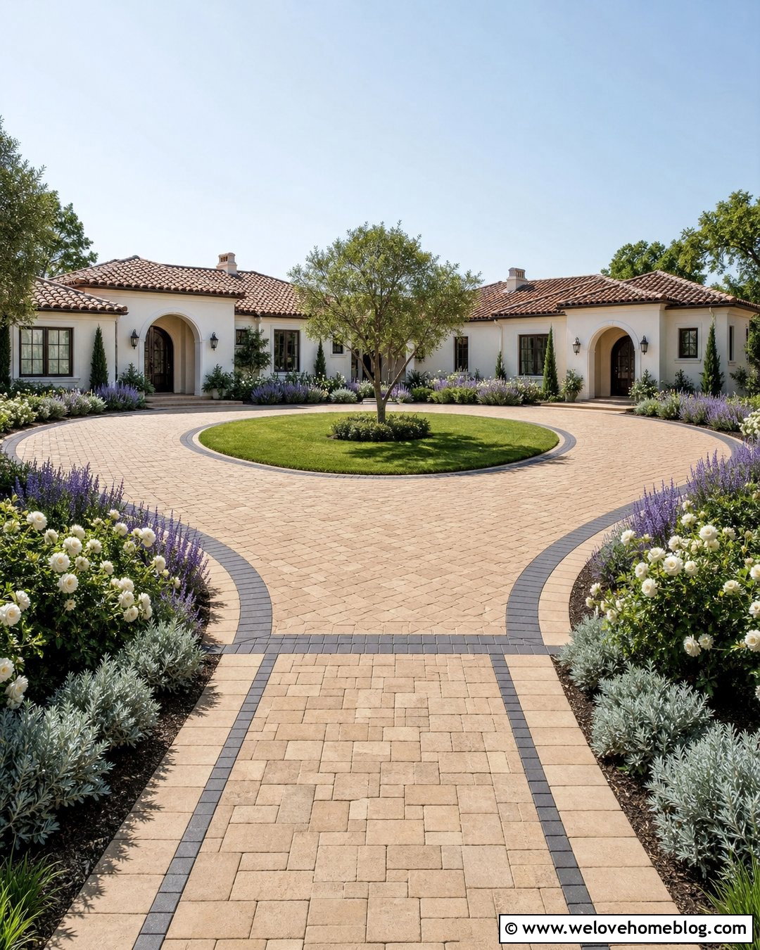 Paver Horseshoe Driveway With Lavender Borders - 25 horseshoe driveway landscaping ideas