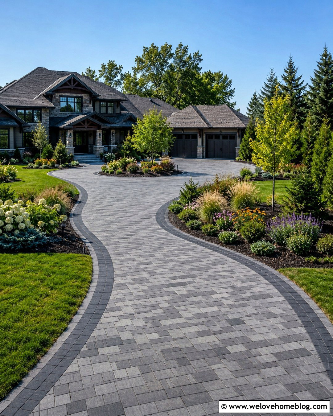 Paver Long Winding Driveway With Landscape Islands - 20 Long Winding Driveway Ideas