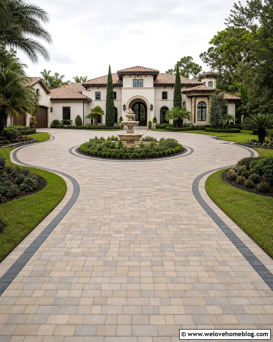Paver Loop Driveway With Fountain Island - 25 Loop Driveway Ideas