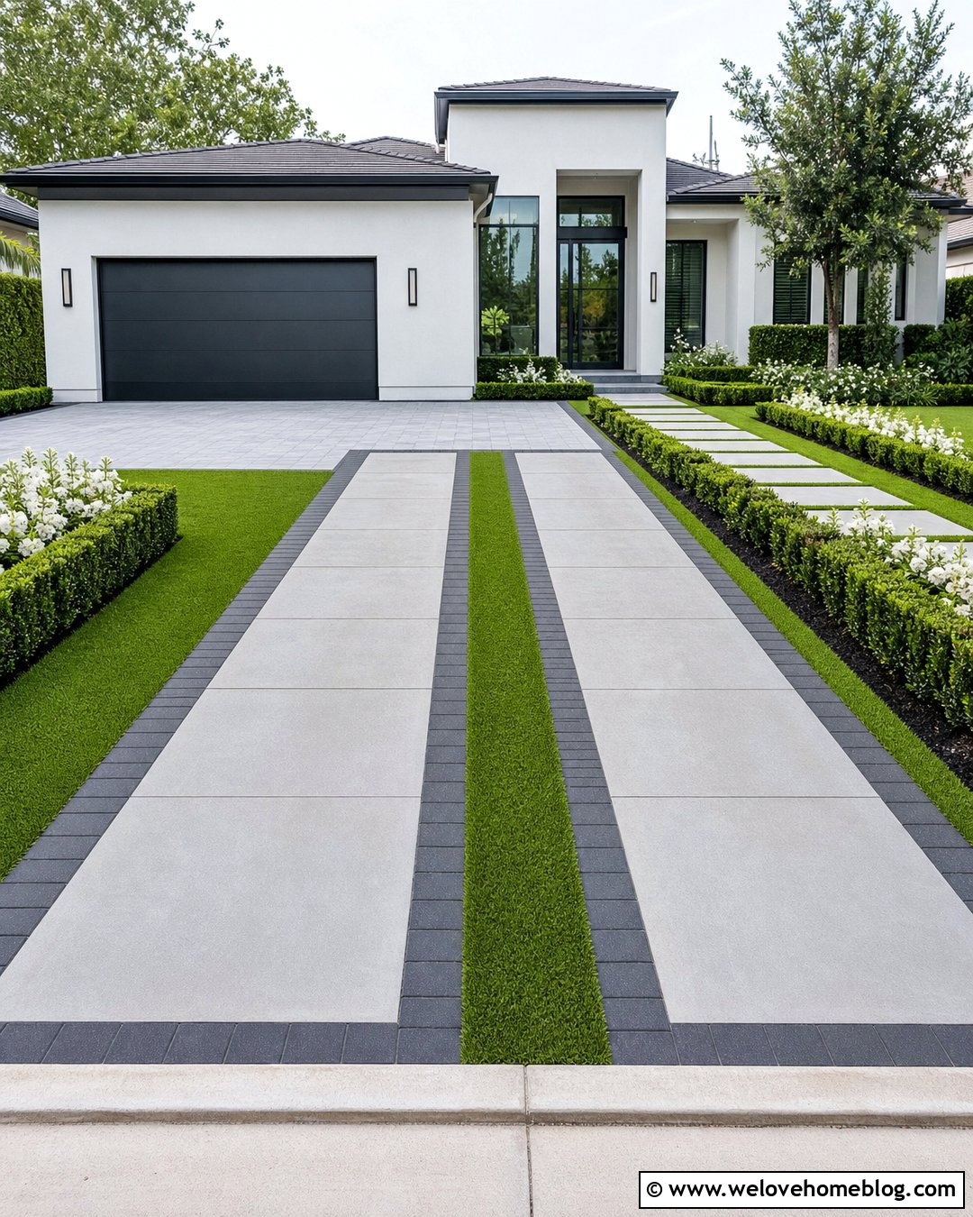 Paver Ribbon Driveway With Artificial Turf - 20 Ribbon Driveway Ideas