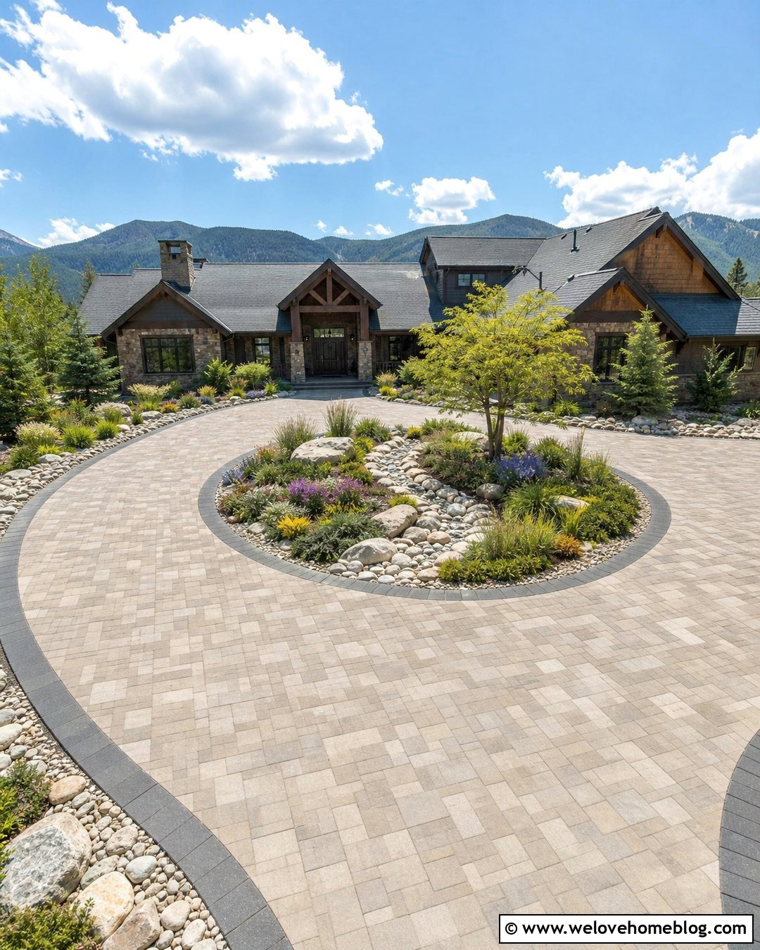 Paver Roundabout Driveway With Dry Creek Bed - 35 Round About Driveway Landscaping Ideas