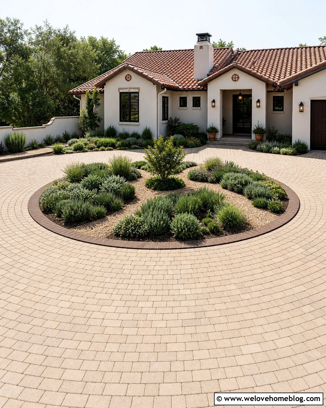 Paver Roundabout Driveway With Herb Garden