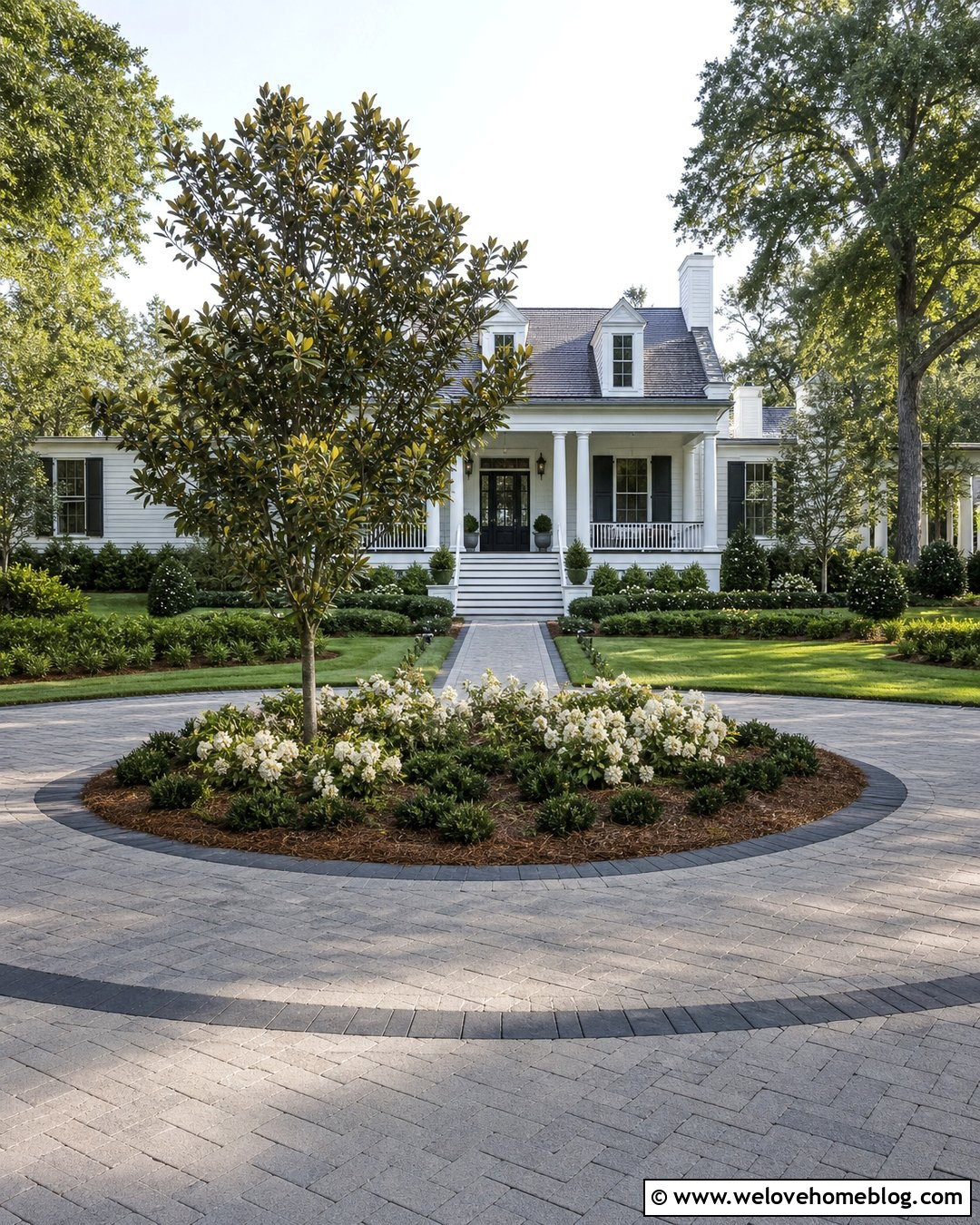 Paver Roundabout Driveway With Magnolia Island - 35 Round About Driveway Landscaping Ideas