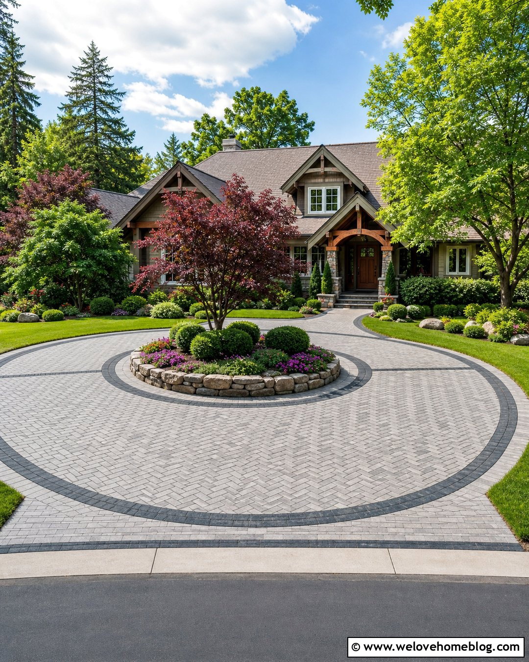 Paver Roundabout Driveway With Stone Edging - 35 Roundabout Driveway Ideas
