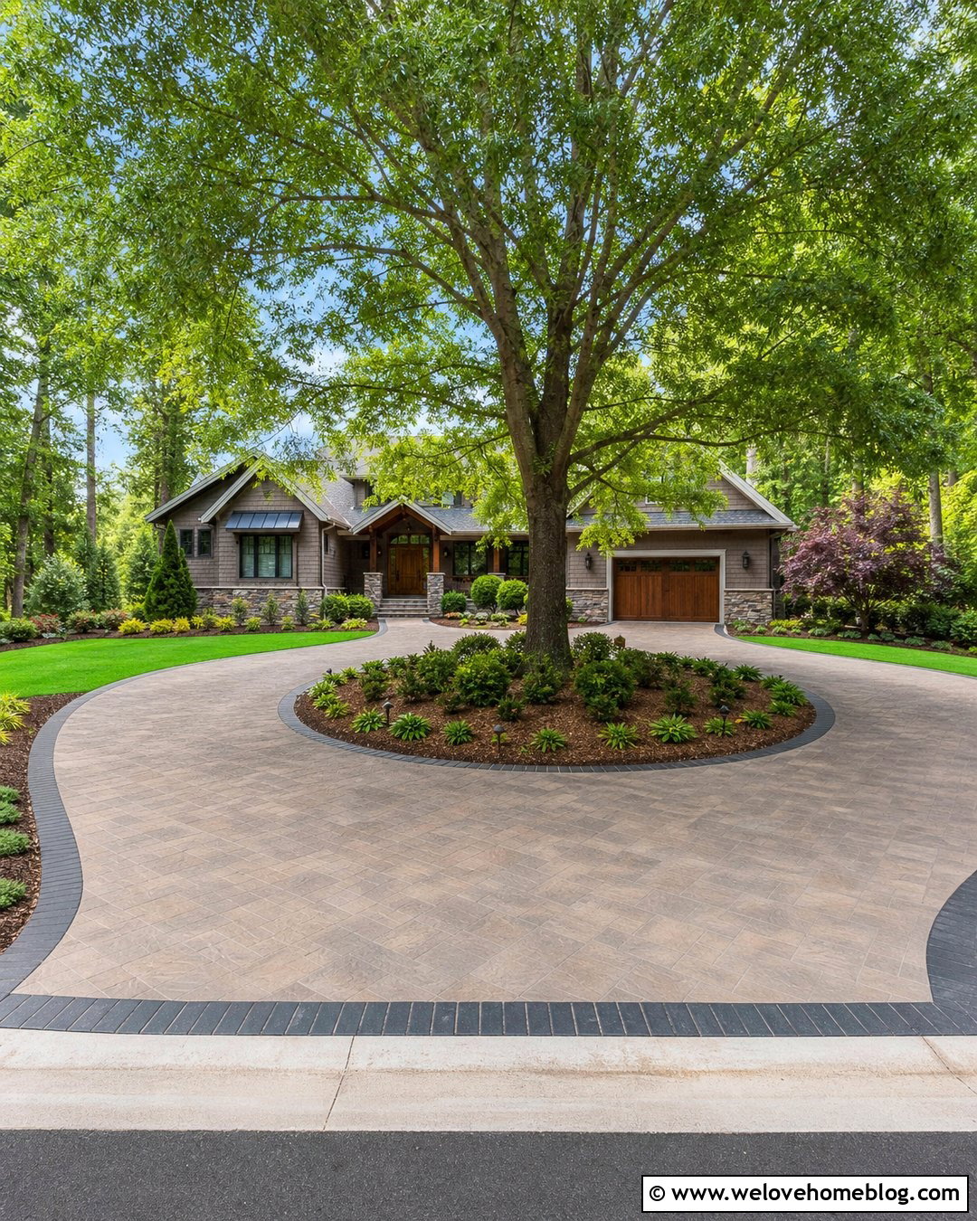 Paver Roundabout Driveway With Tree Center - 35 Round About Driveway Ideas