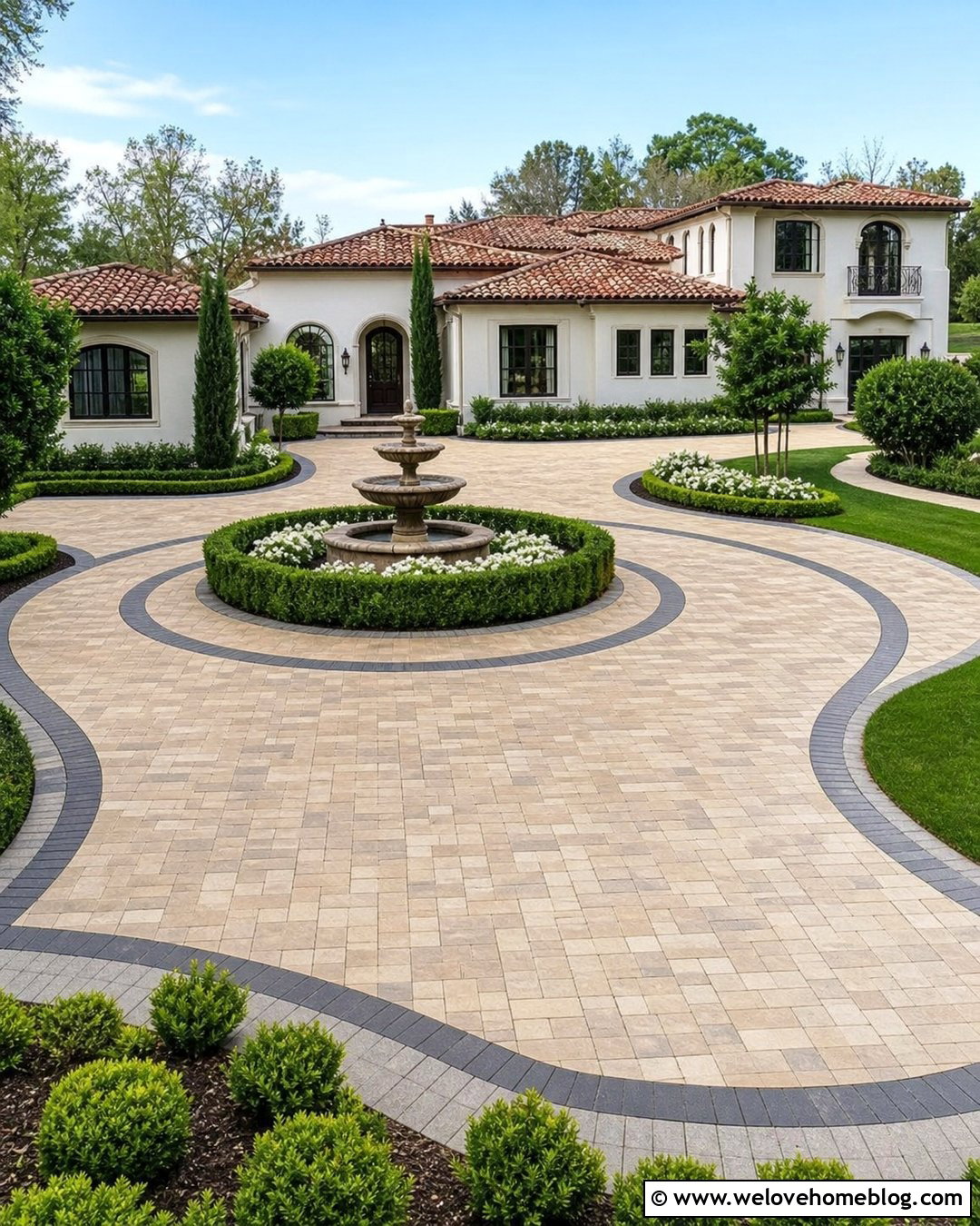 Paver Spiral Driveway With Fountain - 20 Spiral Driveway Ideas