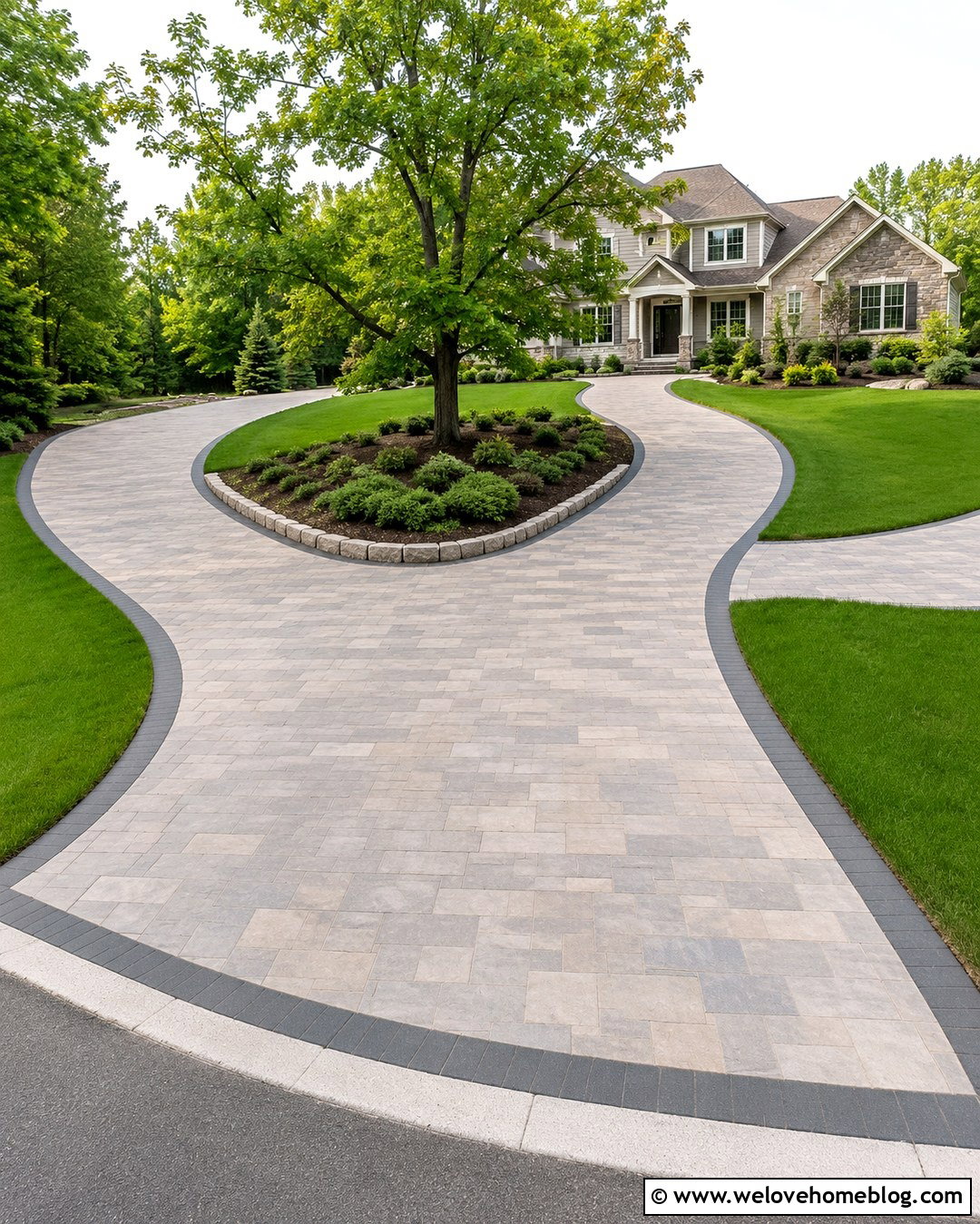 Paver U Shaped Driveway With a Center Tree - 20 U Shaped Driveway Front Yards Ideas