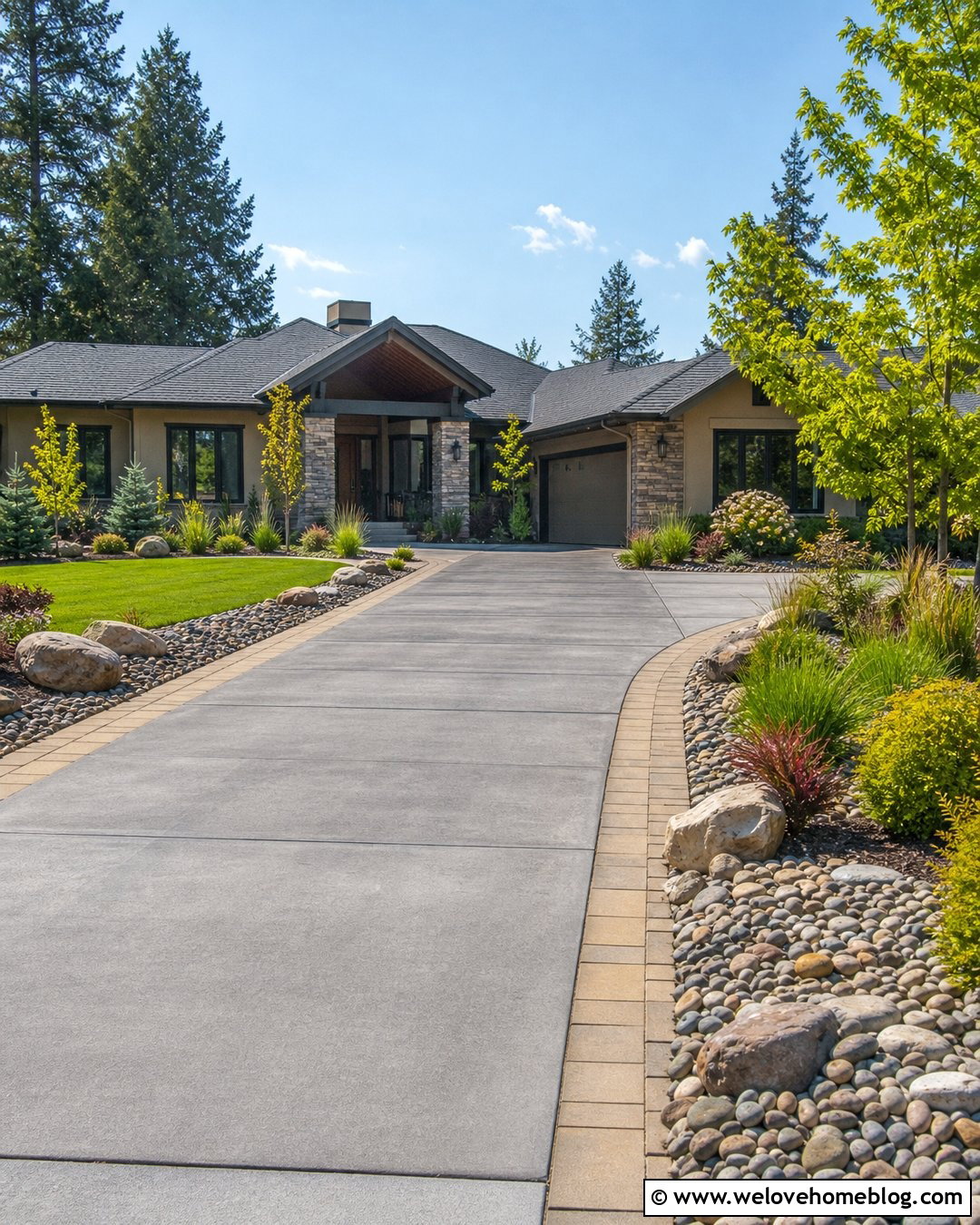 Pavers Beside a Driveway With River Rock - 20 Pavers Beside Driveway Ideas