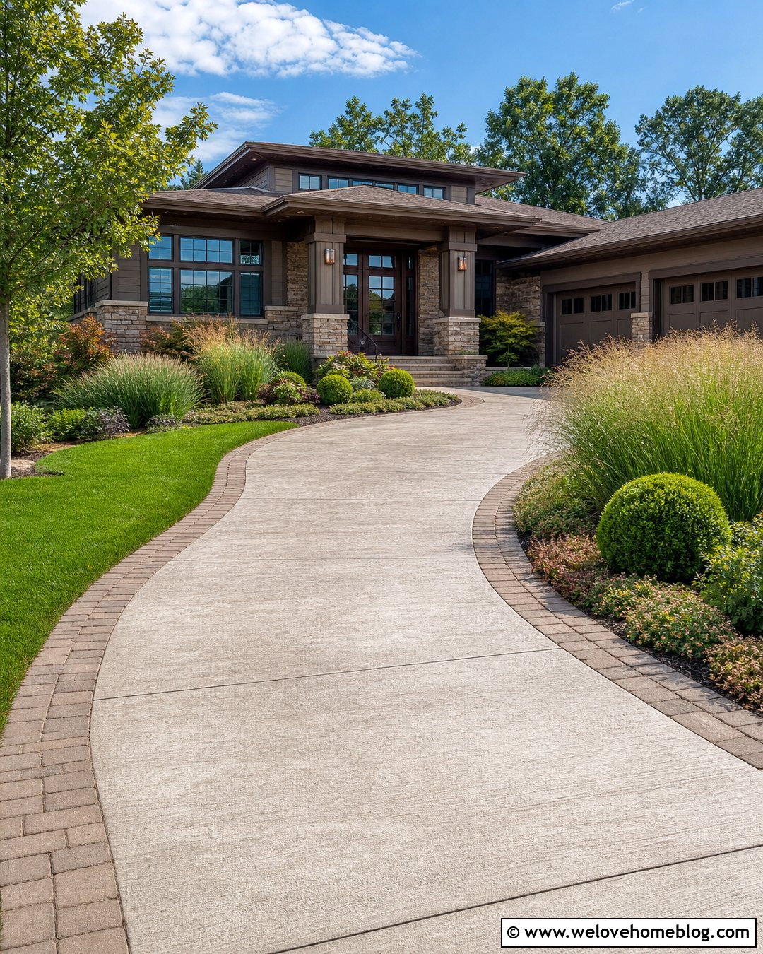 Pavers and Ornamental Grasses Around a Driveway - 20 Pavers Around Driveway Ideas