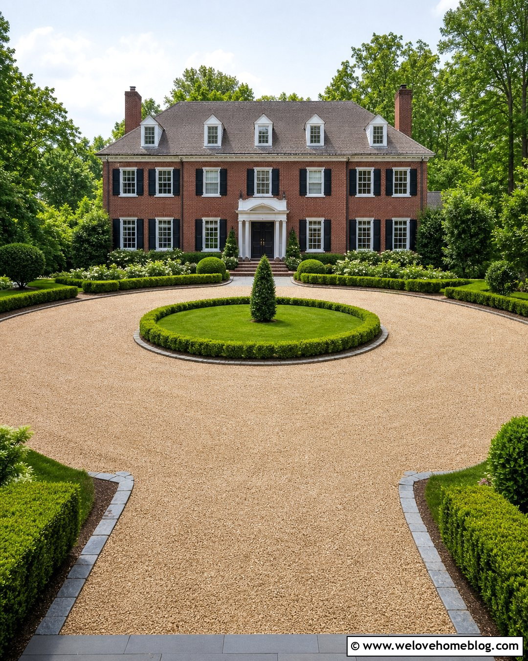 Pea Gravel Circle Driveway With Boxwood Landscaping - 20 Pea Gravel Circle Driveway Ideas