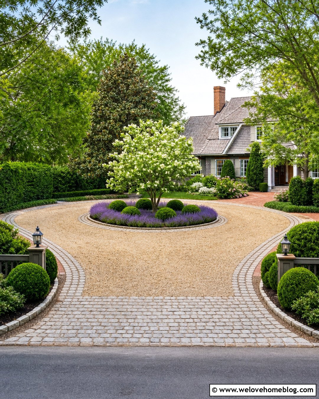 Pea Gravel Circle Driveway With Cobblestone Edging - 35 Circle Driveway Ideas