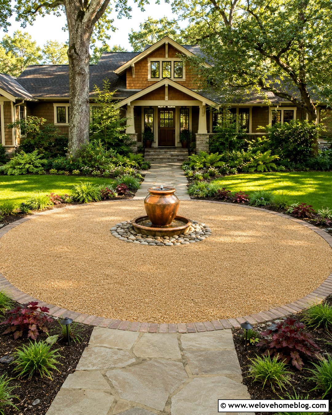 Pea Gravel Circle Driveway With Copper Fountain - 20 circle driveway with fountain ideas