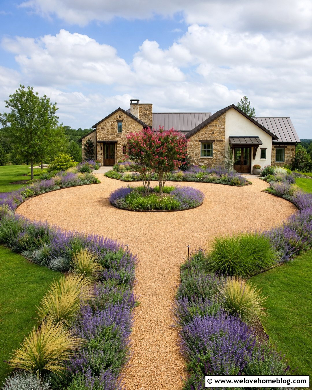 Pea Gravel Circle Driveway With Lavender Borders - 20 Pea Gravel Circle Driveway Ideas