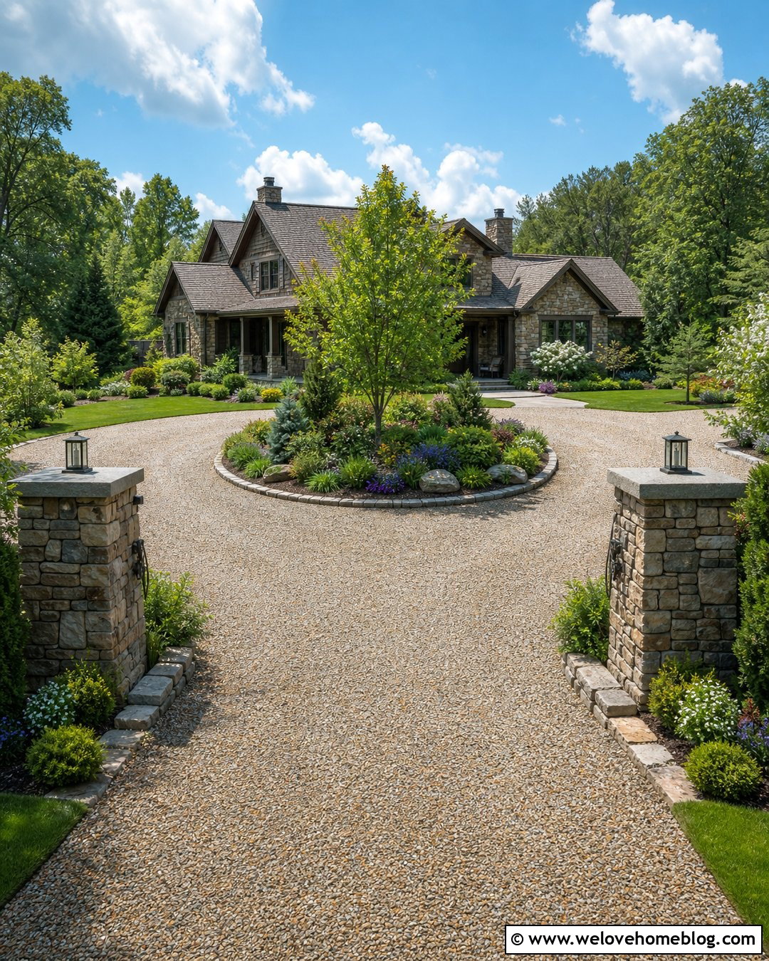 Pea Gravel Circle Driveway With Stone Pillars - 20 Pea Gravel Circle Driveway Ideas