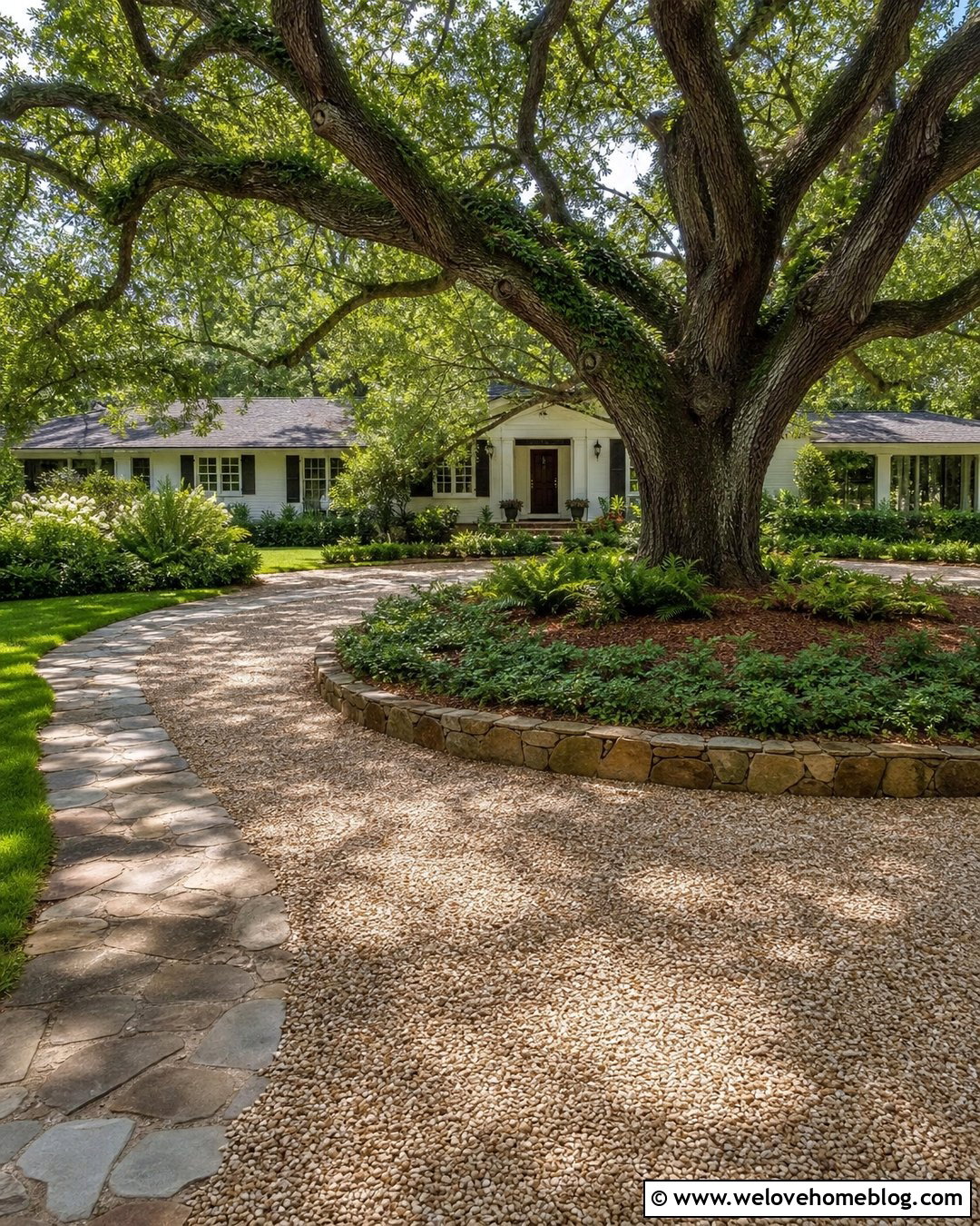 Pea Gravel Circular Driveway Around A Mature Tree - 20 Pea Gravel Circular Driveway Ideas