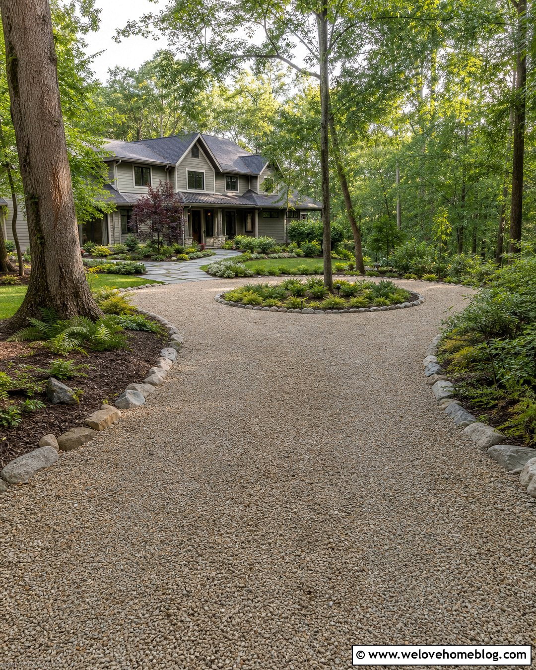 Pea Gravel Circular Driveway In A Wooded Yard - 20 Pea Gravel Circular Driveway Ideas