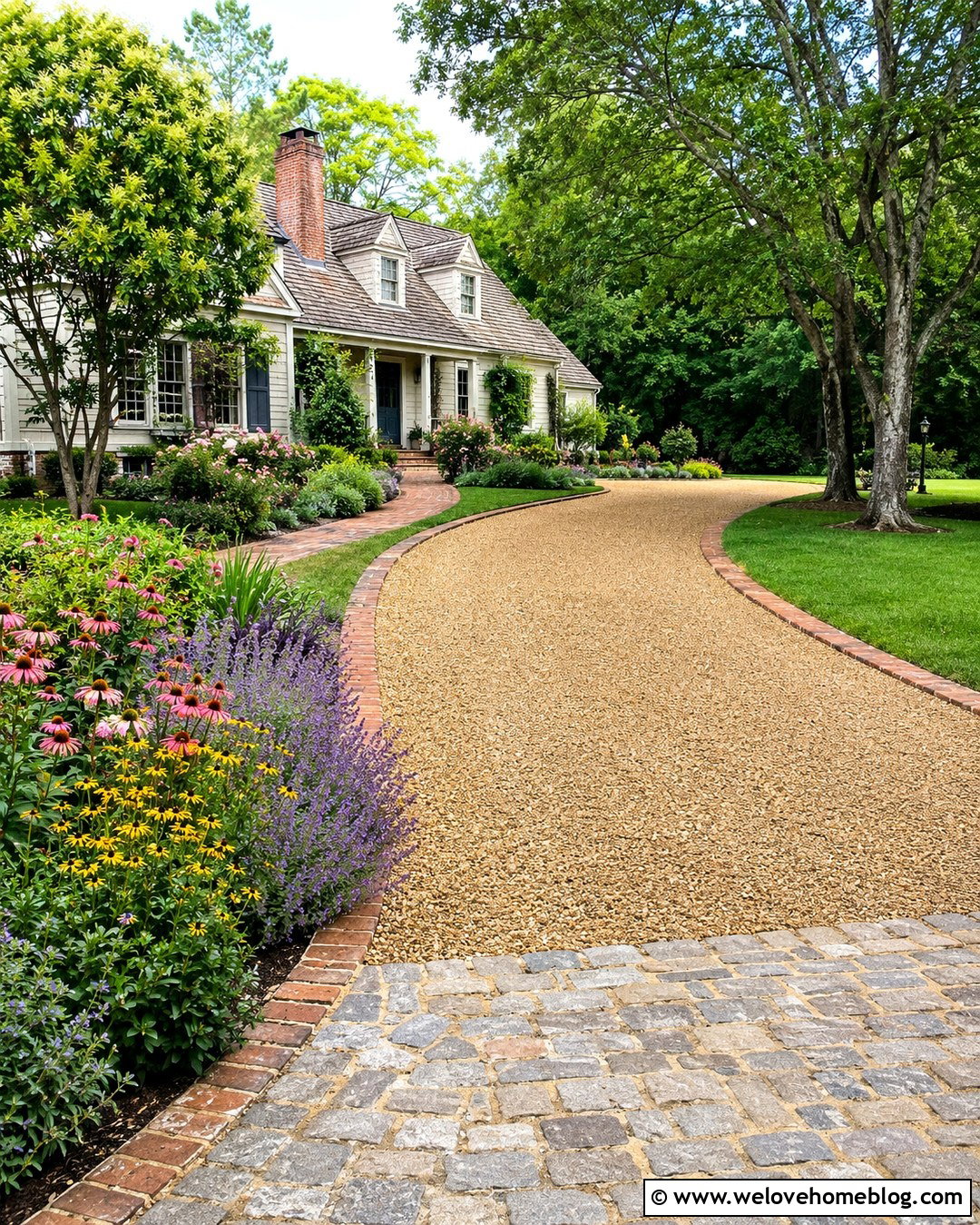 Pea Gravel Driveway Edge With Brick And Cottage Flowers - 20 landscaping driveway edge ideas