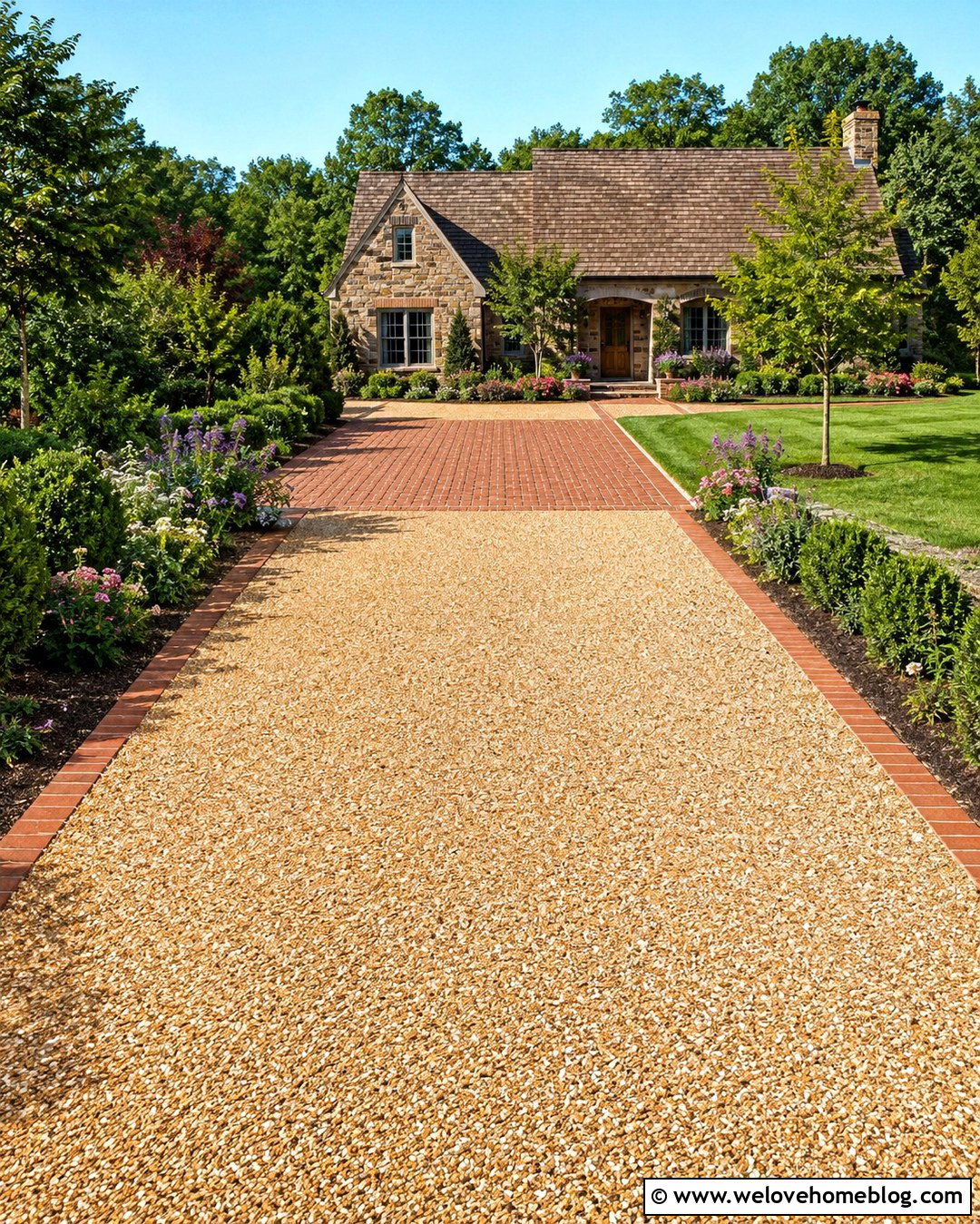 Pea Gravel Driveway With Basketweave Brick Parking Pad - 20 Brick And Gravel Driveway Ideas