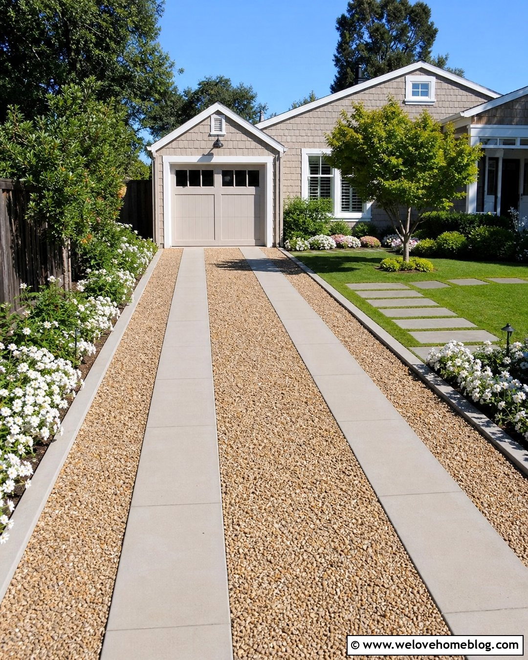 Pea Gravel Driveway With Concrete Tire Tracks - 20 Driveway Paving Ideas