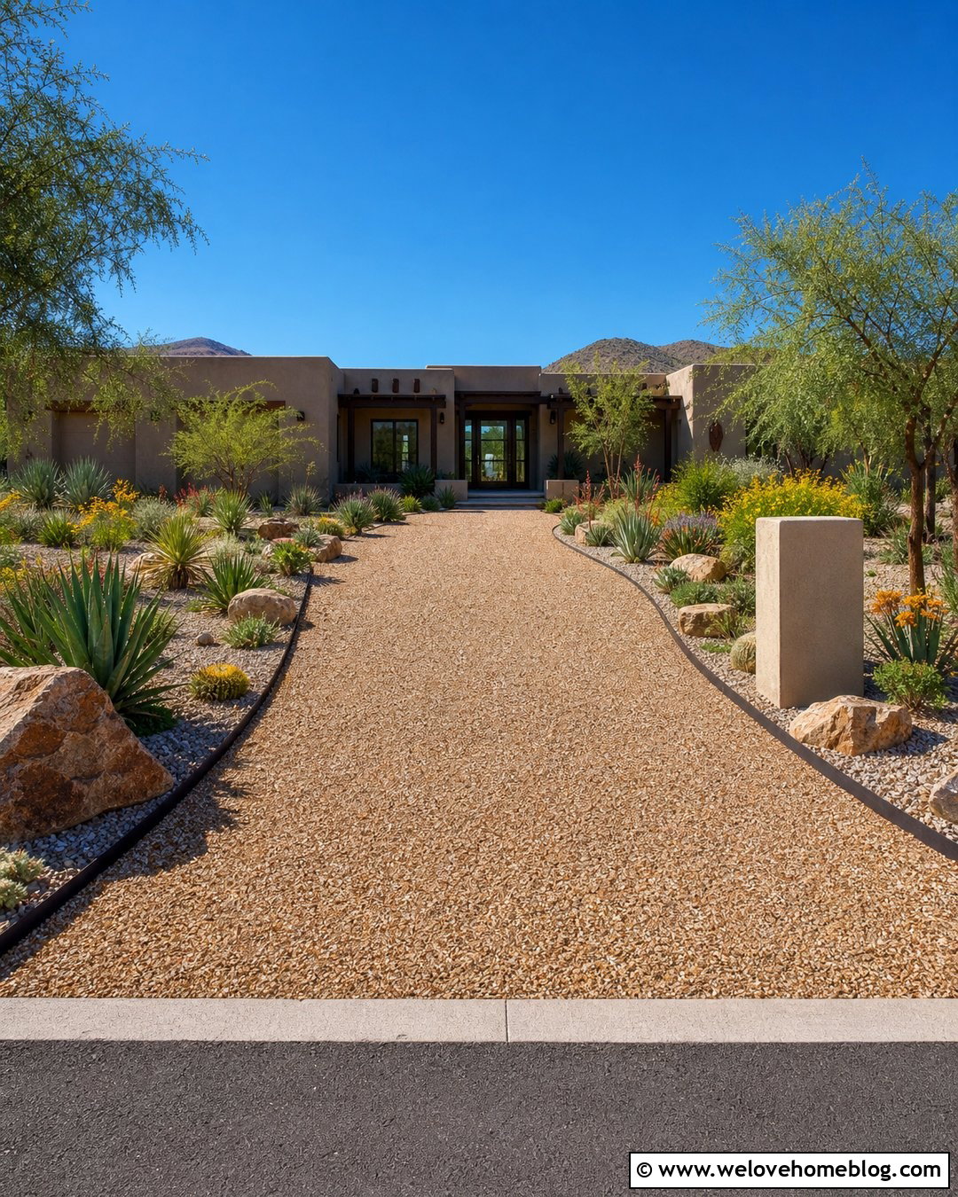 Pea Gravel Driveway With Desert Landscaping - 35 Pea Gravel Driveway Ideas